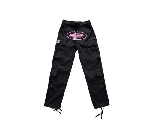 black with pink logo cargos