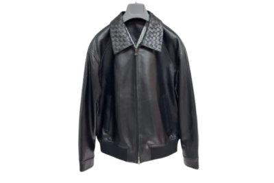 Bottega Veneta Black Leather Jacket – Luxury Intrecciato Collar Calfskin Bomber