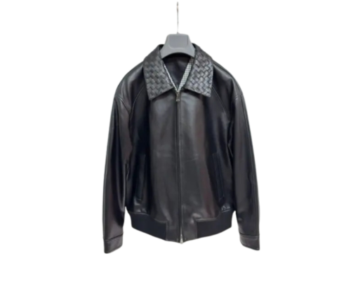 Bottega Veneta Black Leather Jacket – Luxury Intrecciato Collar Calfskin Bomber
