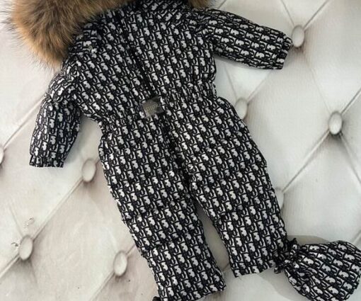Dior Oblique Baby Snowsuit Fur-Trimmed Hood Black White