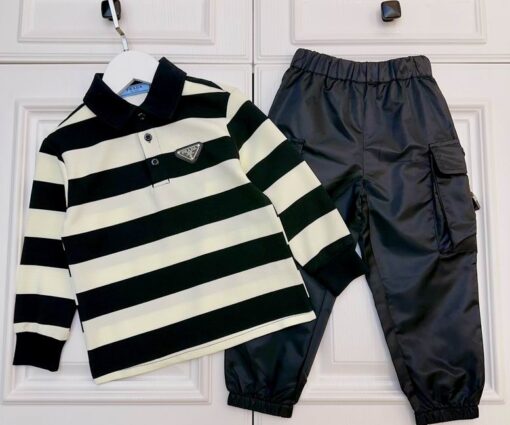 Prada Kids Stripe polo & Buckle cargo Tracksuit White Black