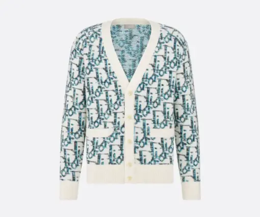 Dior Oblique Cardigan – Luxury Blue and Cream Technical Jacquard Knitwear