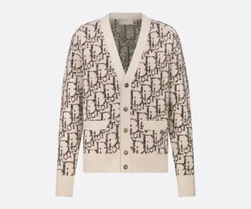 Dior Oblique Cardigan – Luxury Beige & Black Technical Jacquard Knitwear