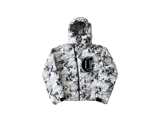 Corvidea Snow Camo Puffer Jacket – Luxury Asymmetric Streetwear Camo Puffer