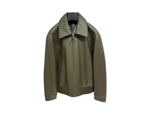 Bottega Veneta Olive Green Bomber Jacket – Luxury Intrecciato Collar Leather Jacket