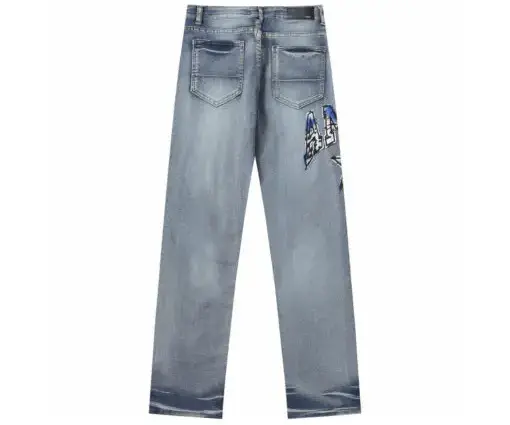 Alternative view of Amiri Straight Leg Logo Appliquéd Embroidered Distressed Jeans Light Blue