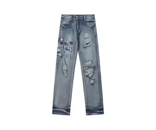 Amiri Straight Leg Logo Appliquéd Embroidered Distressed Jeans Light Blue