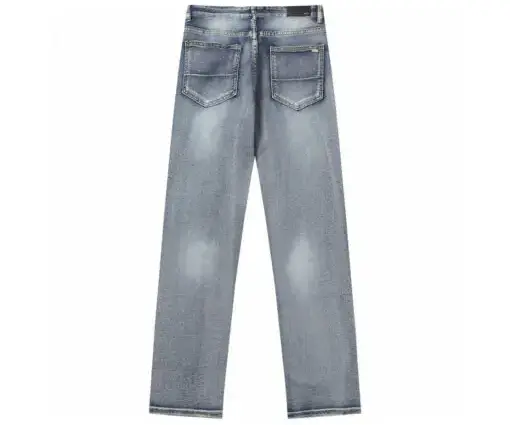 Alternative view of Amiri Straight Leg Logo Appliquéd Embroidered Distressed Jeans Light Blue With Orange Monogram