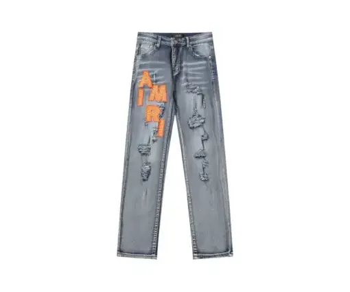 Amiri Straight Leg Logo Appliquéd Embroidered Distressed Jeans Light Blue With Orange Monogram