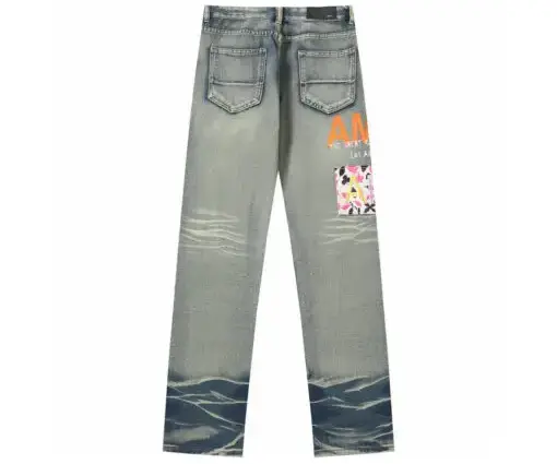 Alternative view of Amiri Straight Leg Logo Appliquéd Embroidered Distressed Jeans
