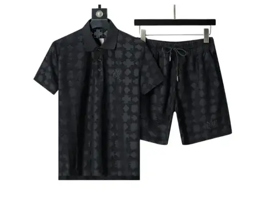 Amiri Polo Crew Neck Short Sleeve Terry Jacquard Shorts Set Black Shirt