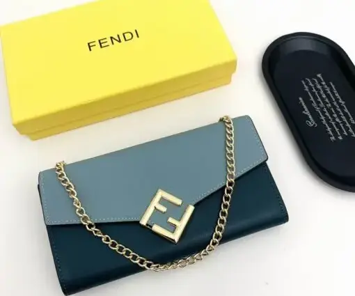 Fendi FF Diamonds Continental Wallet with Chain in Teal Blue & Grey
