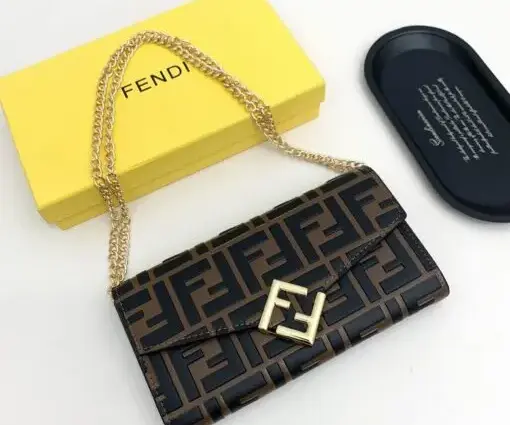 Fendi FF Diamonds Continental Wallet with Chain in Leather Brown