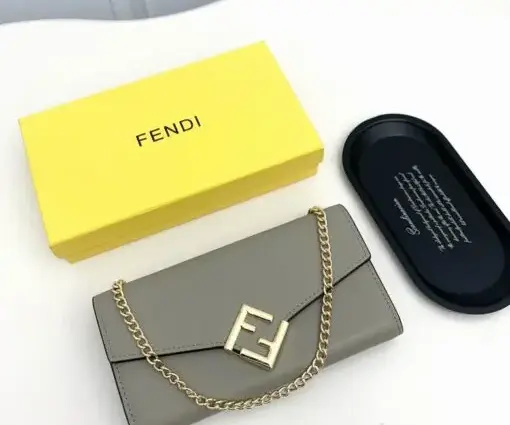 Fendi FF Diamonds Continental Wallet with Chain in Grey Leather