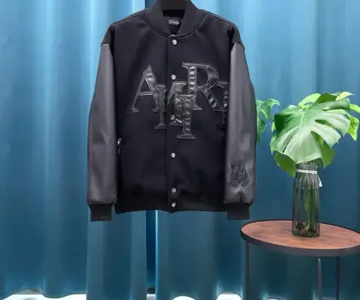 AMIRI Wool Leather Varsity Jacket Black