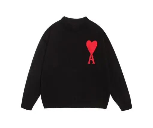 Ami Paris De Coeur Wool Crewneck Sweater Black With Red Intarsia Heart Logo