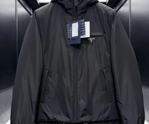 Prada Logo Hooded Puffer Jacket Black