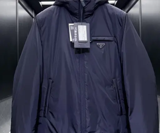Prada Logo Hooded Puffer Jacket Navy Blue