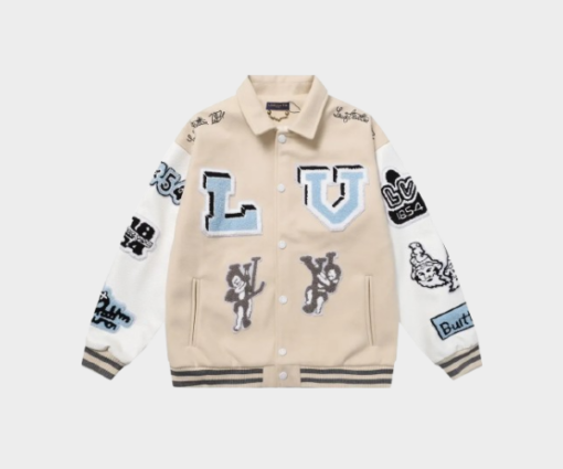 LV Multi-Patches Mixed Leather Varsity Jacket Cream/White