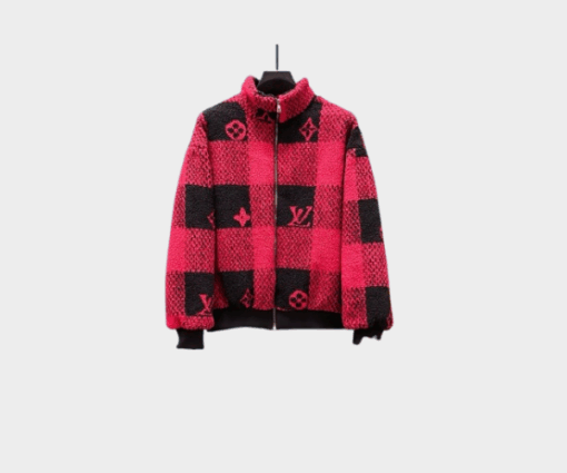 LV Embroidered Calfskin Varsity Jacket Red Plaid