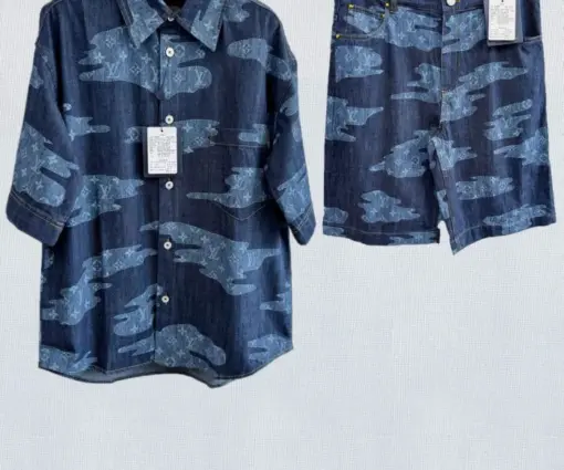 LV Monogram Short-Sleeved Chambray Shirt Blue Denim