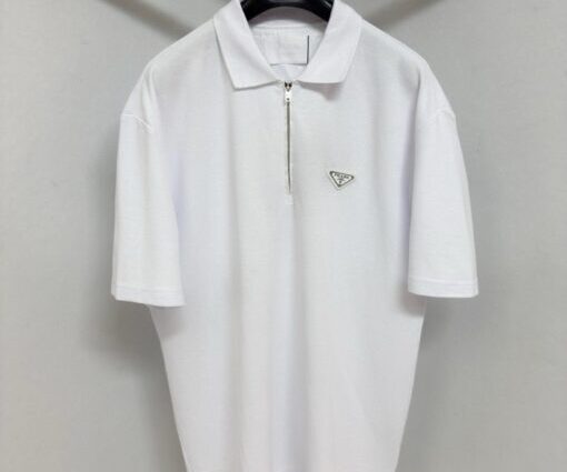 Prada Zipped Metal Logo Polo T-Shirt White