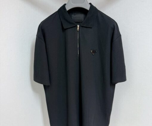 Prada Zipped Metal Logo Polo T-Shirt Black
