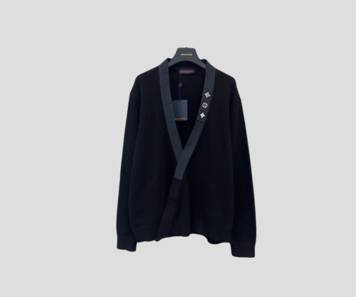 LV Embroidered Signature Cardigan In A Black Cotton Blend Ribbed Knit