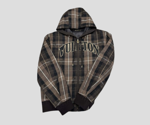 LV Tailored Hooded Blouson In A Deep Brown Monogram Tartan Wool Blend