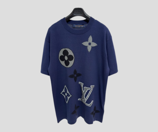 LV Monogram Short-Sleeved Knitted Crewneck In A Dark Blue Cotton Blend