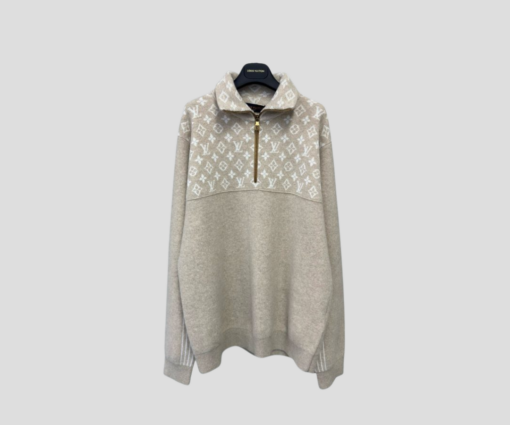 LV Ribbed Wool Half-Zip Pullover In A Light Beige