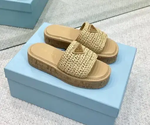 Prada Raffia Flatform Slide Sandal White Beige