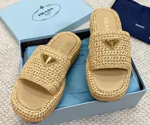 Prada Raffia Flatform Slide Sandal Beige