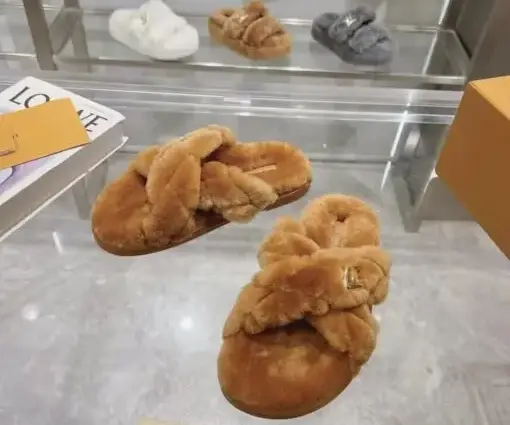 Alternative view of LV Bliss Brand Plaque Shearling Mules Plush Straps Gold Tone