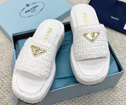 Prada Raffia Flatform Slide Sandal White