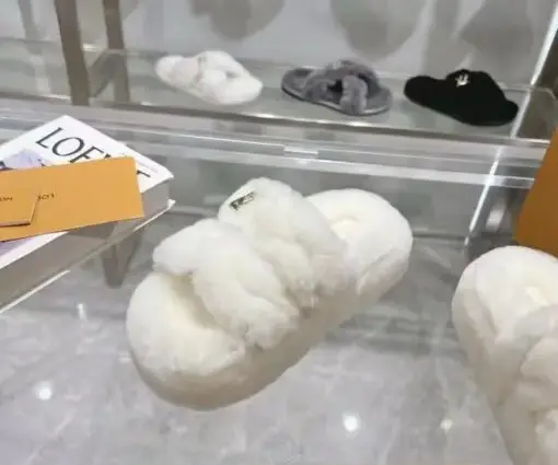 Alternative view of LV White Fuzzy Slipper Bliss Comfort Mule Shearling Crossover Strap With Gold Tone