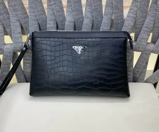 Prada Saffiano Leather Pouch Wallet Crocodile Black