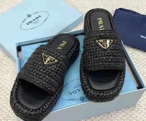 Prada Raffia Flatform Slide Sandal White Beige Black/ Beige