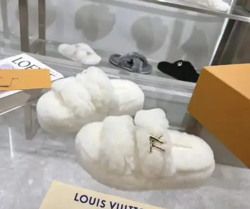 LV White Fuzzy Slipper Bliss Comfort Mule Shearling Crossover Strap With Gold Tone