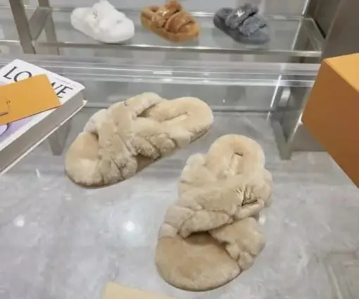 Alternative view of LV Bliss Comfort Mules Fluffy Shearling Crossover Straps With Embroidered Malletage Pattern Beige