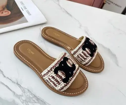 Celine Raffia Leather Sandal Black Logo