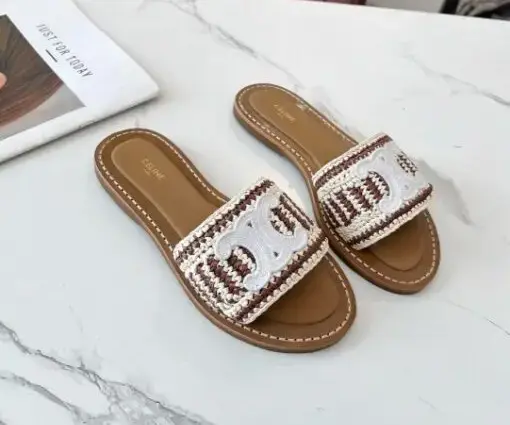 Celine Raffia Leather Sandal White Logo