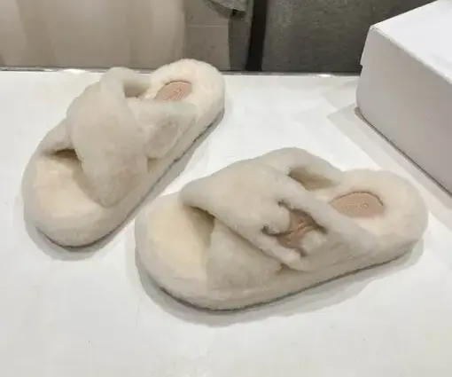 Celine Cross Fluffy Fur Slippers