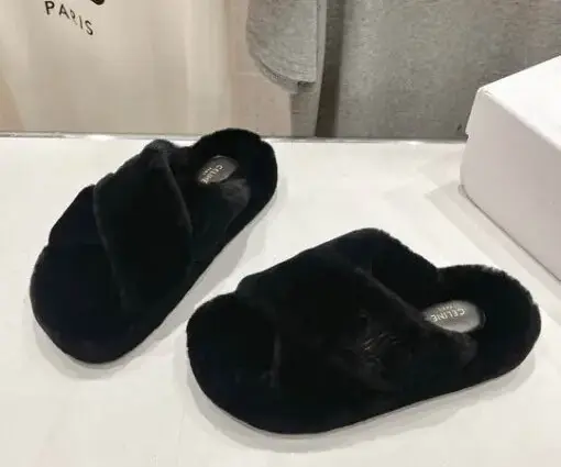 Celine Cross Fluffy Fur Slippers Black