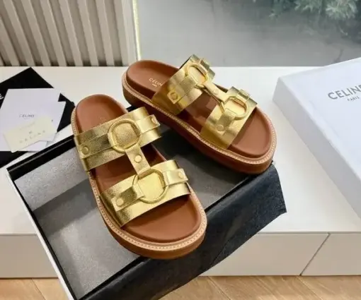 Celine Leather Slides Golden