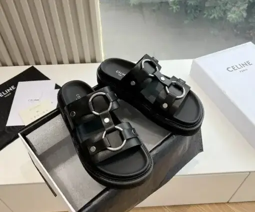 Celine Leather Slides Black