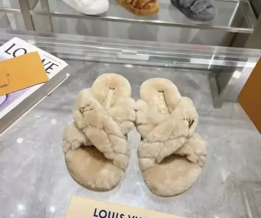 LV Bliss Comfort Mules Fluffy Shearling Crossover Straps With Embroidered Malletage Pattern Beige