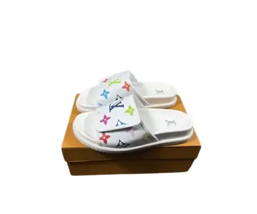 LV Slipper Multicolour Logo On Strap 6AM Flat Mule White