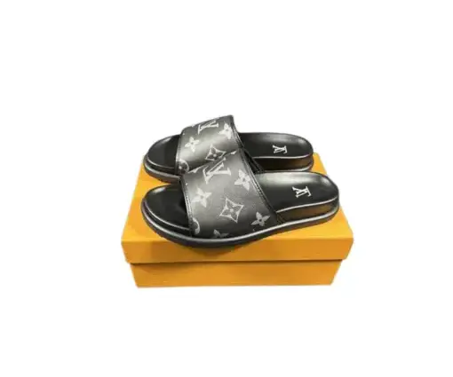LV Slipper 6AM Flat Mule Black With White Logo