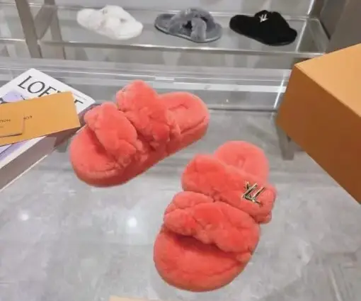 LV Sunset Slide Shearling Fuzzy Orange Slipper